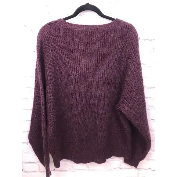 L.O.G.G. Mohair Ribbed High Low Cropped Drop Shoulder Burgundy Chunky Sweater M - Picture 2 of 10